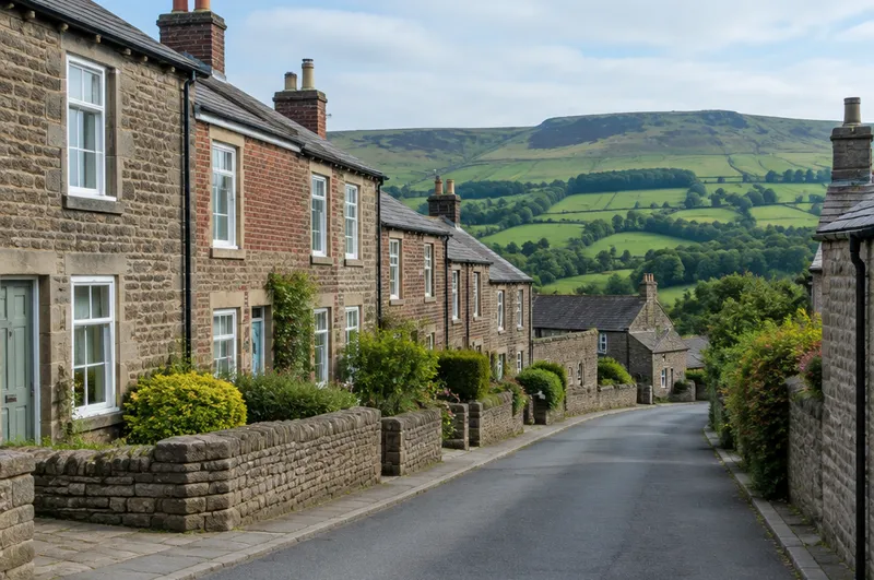 Areas around Barnsley: illustration of stone and brick terraces on a village street with green hills behind