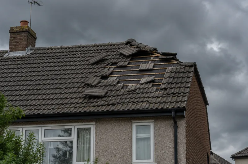 Emergency roofer in Barnsley: illustration of concrete tiles lifted and missing on a semi after a storm