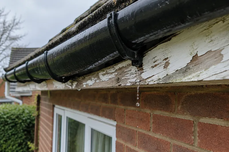Guttering in Barnsley: illustration of a black gutter sagging off a peeling wooden fascia board
