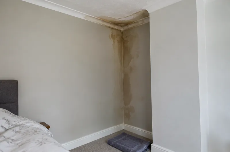Roof leak in Barnsley: illustration of a brown damp patch in a bedroom corner beside a chimney breast