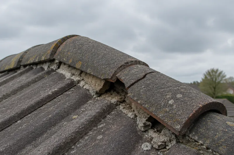 Roof repair in Barnsley: illustration of a cracked ridge tile with crumbling mortar underneath