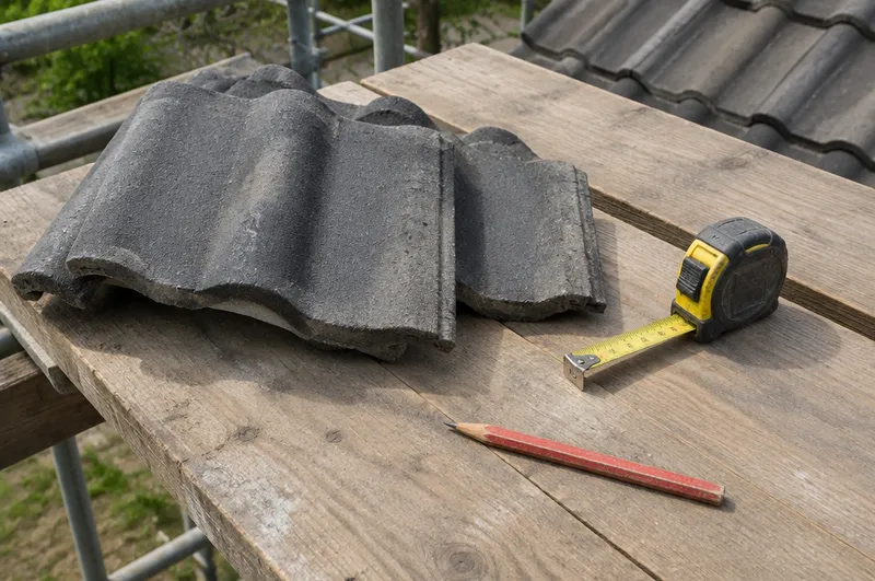 Roof repair cost in Barnsley: illustration of concrete roof tiles, a tape measure and a pencil on a scaffold board